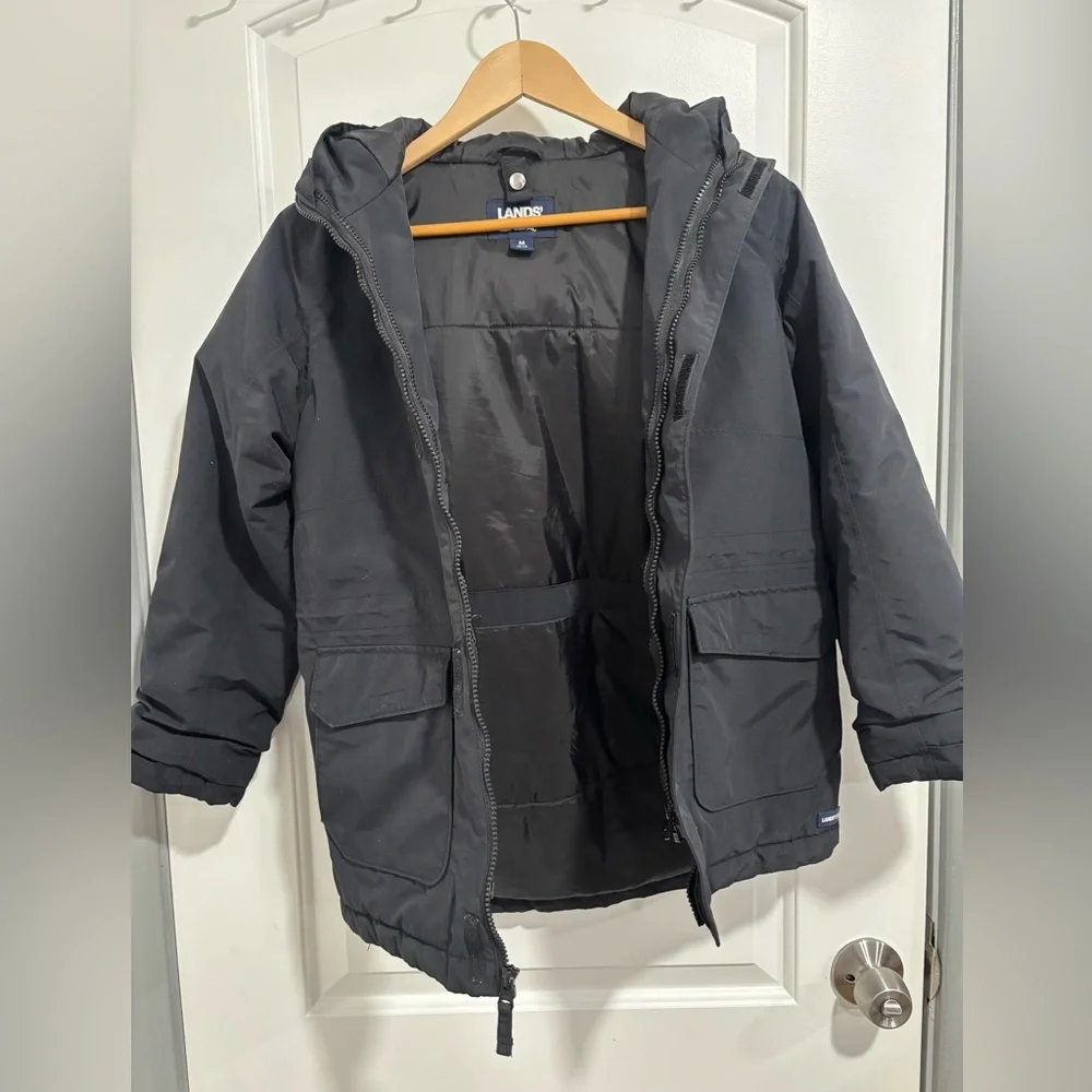 Lands’ End Kids Black Insulated Winter Parka Coat | Hooded | Size M 10–12 - Picture 9 of 13